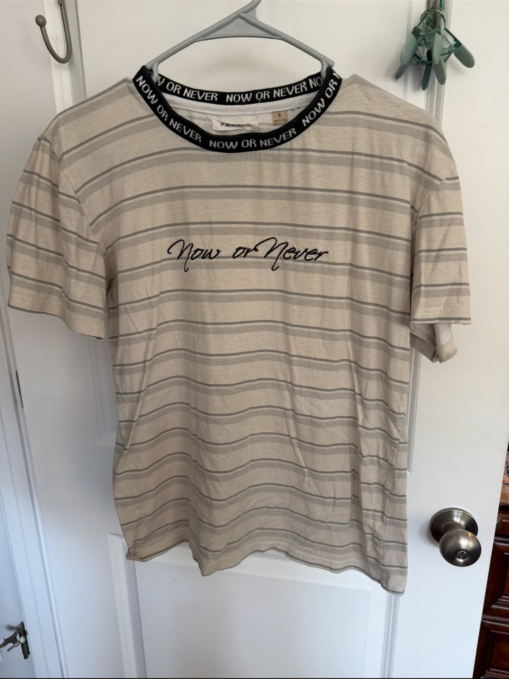 PacSun Beige Striped "Now or Never" Tee with Black Trim